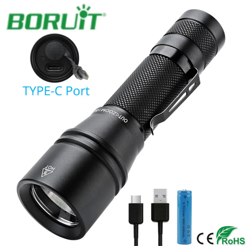 

BORUiT 1000LM T6 LED Flashlight High Power Torch 5-Mode Zoom camping Light Powerful Lantern With 18650 Type-c Rechargeable Lamp