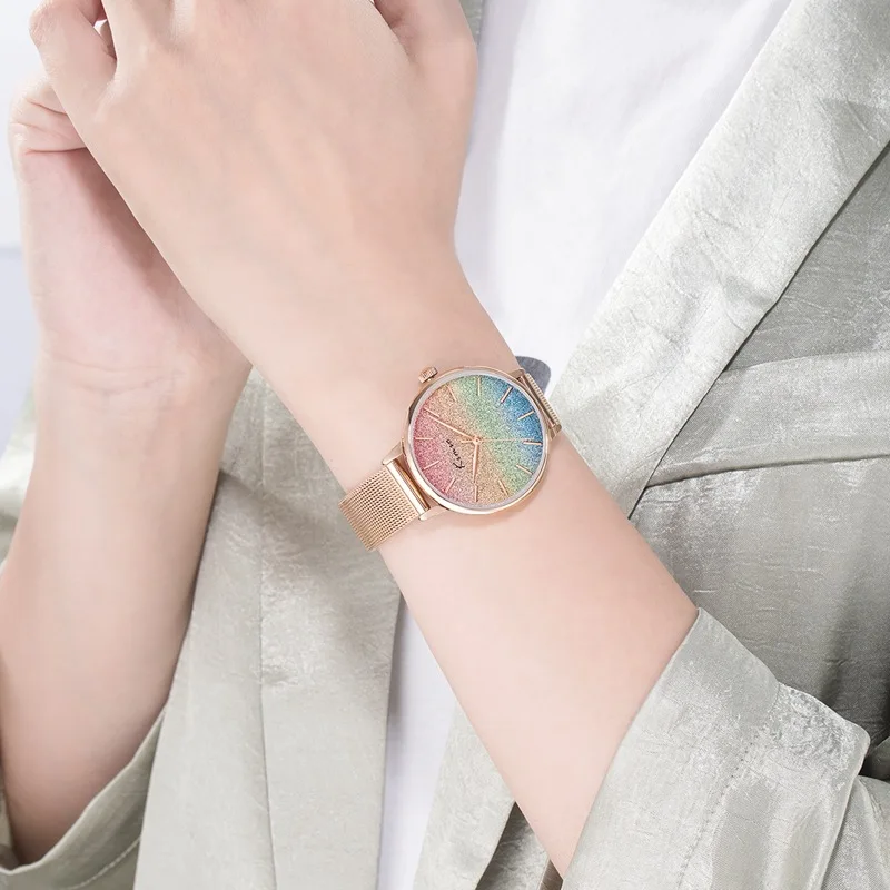 Watch new rainbow gradient color flash powder women watch simple mesh with INS fashion watch
Watch new rainbow gradient color flash powder women watch simple mesh with INS fashion watch