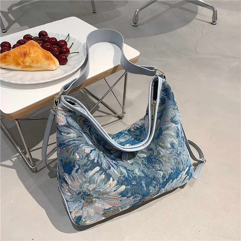 Artistic Flower Painting Wide Strap Fabric Hobo Shoulder Bags For Women Vintage Design Large Capacity Female Crossbody Bags 2021
Artistic Flower Painting Wide Strap Fabric Hobo Shoulder Bags For Women Vintage Design Large Capacity Female Crossbody Bags 2021