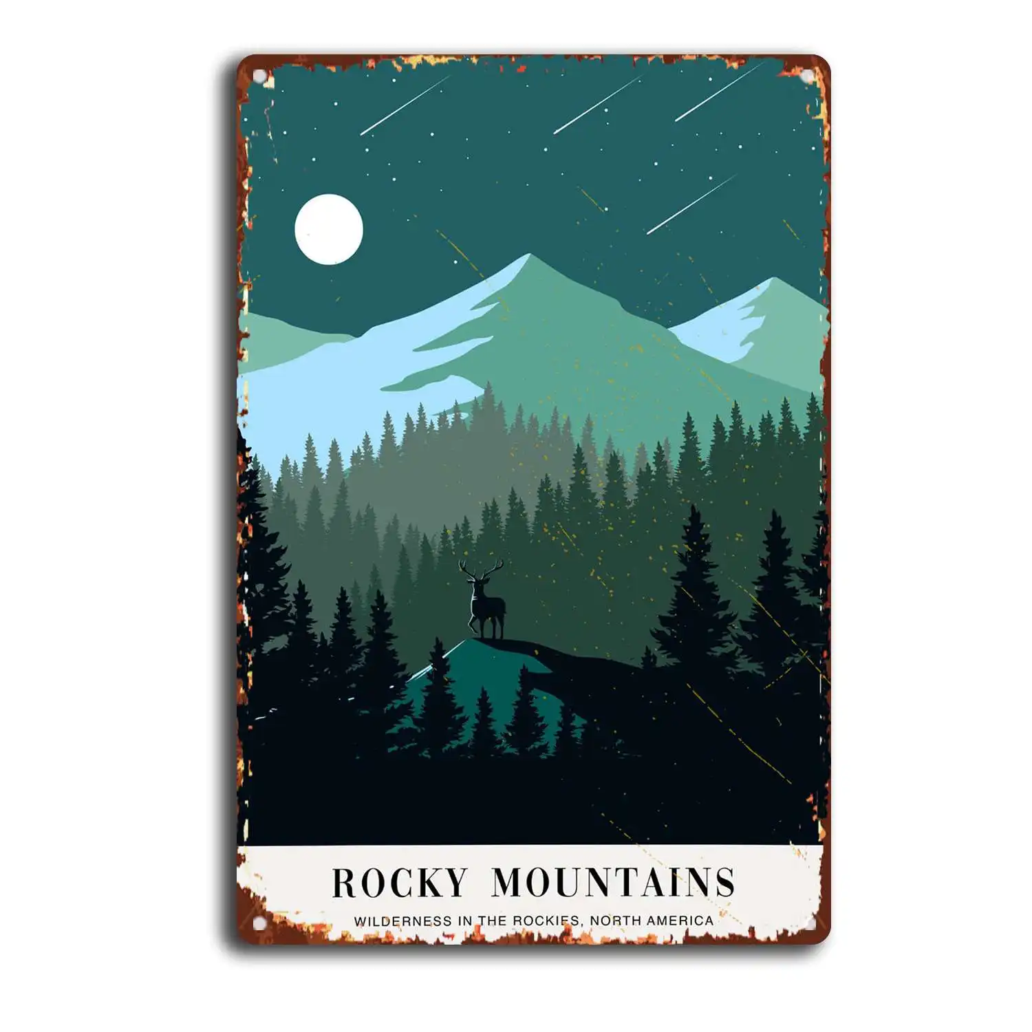 Tin Sign Deer in Wilderness in Rocky Mountains Colorful Boho Art Abstract Landscape Illustration Mountains Forest Travel
Tin Sign Deer in Wilderness in Rocky Mountains Colorful Boho Art Abstract Landscape Illustration Mountains Forest Travel