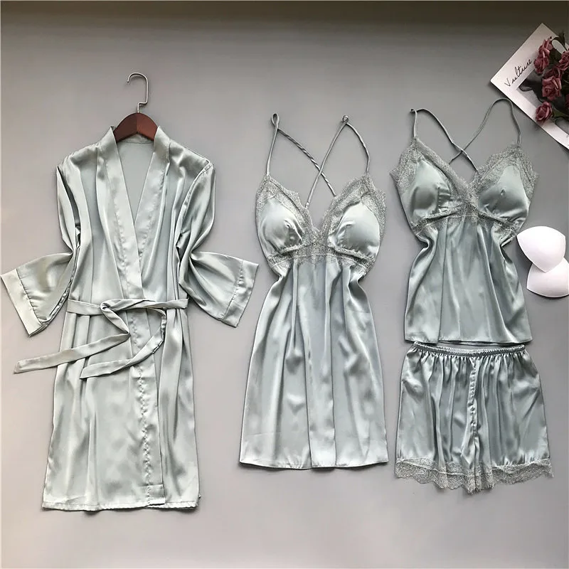 4 Pieces Pyjama Spaghetti Strap Sleep Lounge Pijama with Chest Pads Women Pajama Sets Satin Sleepwear Lace Nightwear
4 Pieces Pyjama Spaghetti Strap Sleep Lounge Pijama with Chest Pads Women Pajama Sets Satin Sleepwear Lace Nightwear