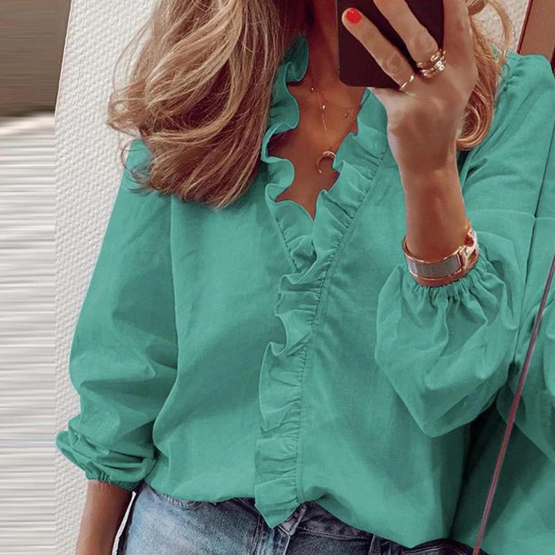 2021 Spring Summer Shirts Office Lady Print Long Sleeve Blouse Ruffle Women Blouses Sexy V-neck pullover Tops
2021 Spring Summer Shirts Office Lady Print Long Sleeve Blouse Ruffle Women Blouses Sexy V-neck pullover Tops