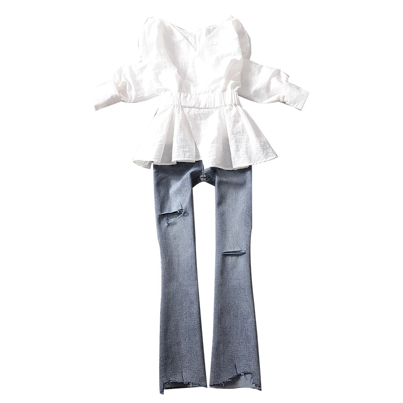 2020 summer new women set solid ruffles slim blouse and hole flare jeans female lady elegant jeans suits top quality
2020 summer new women set solid ruffles slim blouse and hole flare jeans female lady elegant jeans suits top quality