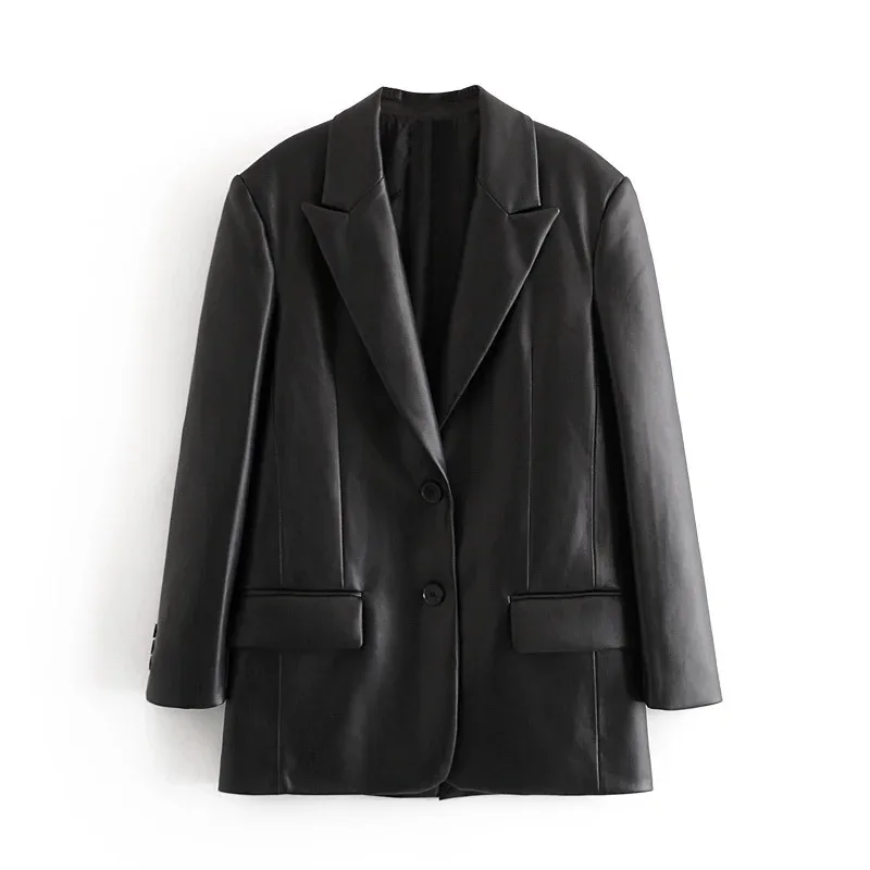 2021 Women's Fashion Faux Leather Blazer Loose Jacket Retro Long Sleeve Pocket Back Slit Women's Office Top plumas
2021 Women's Fashion Faux Leather Blazer Loose Jacket Retro Long Sleeve Pocket Back Slit Women's Office Top plumas