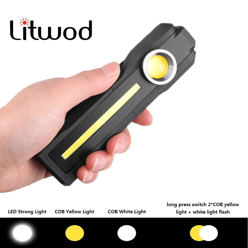 

Litwod Black Working LED Flashlight Built in Rechargeable Battery COB Lamp 4 Modes Torch Tail Magnet for Camping 10W Bulbs Light