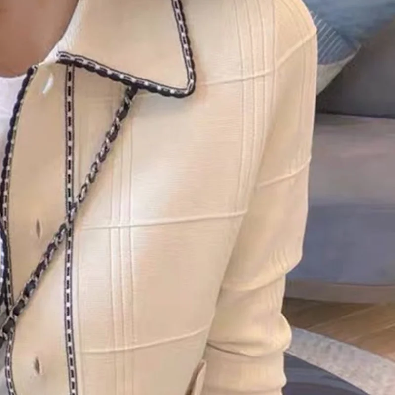 

Женский трикотажный жакет с длинным рукавом, белый кардиган с V-образным вырезом и карманами, элегантная офисная одежда французского бренда