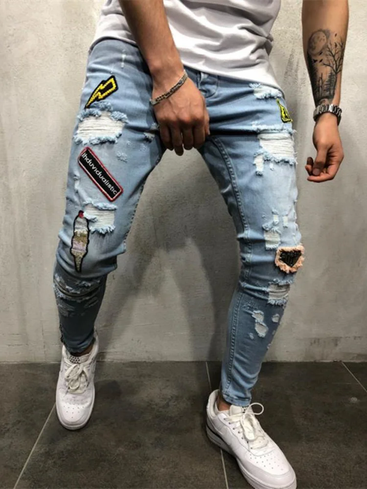 Man RIPS Tight Motorcycle Embroidered Applique Jeans Break Holes Duct Tape Trim Jeans Scratch High Quality Jeans
Man RIPS Tight Motorcycle Embroidered Applique Jeans Break Holes Duct Tape Trim Jeans Scratch High Quality Jeans