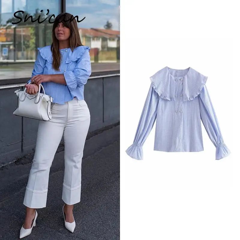 Женская рубашка с воротником «Питер Пэн» Za, голубая офисная блузка в клетку с двубортным пуговицами и рукавом-бабочкой, 2021
Женская рубашка с воротником «Питер Пэн» Za, голубая офисная блузка в клетку с двубортным пуговицами и рукавом-бабочкой, 2021