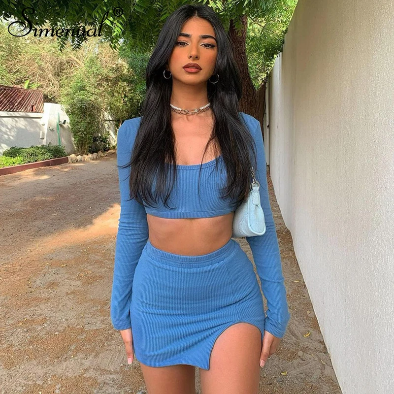 Simenual Ribbed Split Crop Top And Mini Skirt Two Piece Sets Blue Street Style Skinny Sexy Solid Basic Low Cut Matching Set 2021
Simenual Ribbed Split Crop Top And Mini Skirt Two Piece Sets Blue Street Style Skinny Sexy Solid Basic Low Cut Matching Set 2021