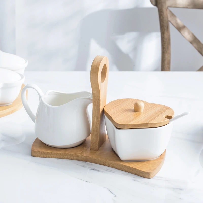 

Набор для сахарной чаши с крышкой и ложкой, керамический кувшин для крема и сахарница с деревянной ручкой, набор для сервировки кофе