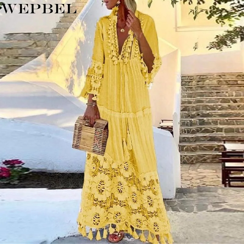 WEPBEL Spring and Summer Sexy Solid Color Lace Tassel Dress Women's Casual Beach Long Sleeve V-neck Stitching Loose Dress
WEPBEL Spring and Summer Sexy Solid Color Lace Tassel Dress Women's Casual Beach Long Sleeve V-neck Stitching Loose Dress