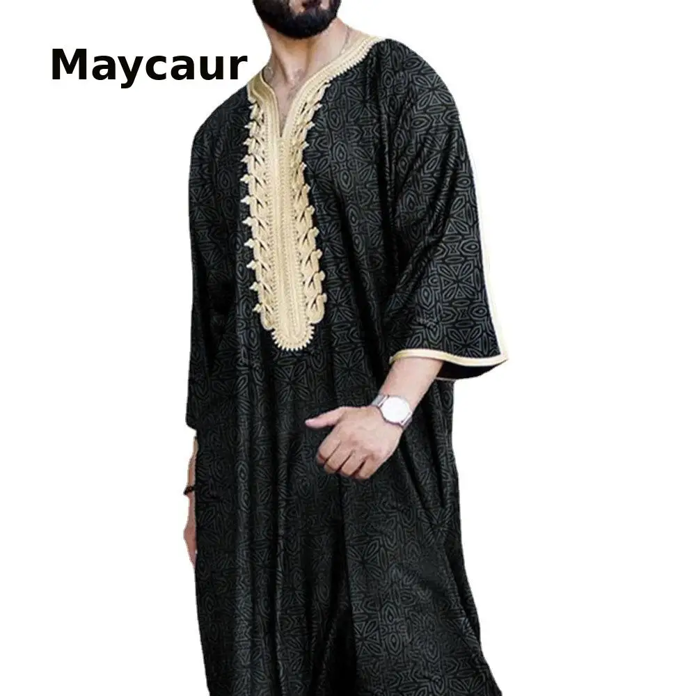 

Мусульманское платье, кафтан с принтом, мужские ретро халаты с коротким рукавом, свободная абайя из Дубая, Саудовской Аравии, мусульманский ...