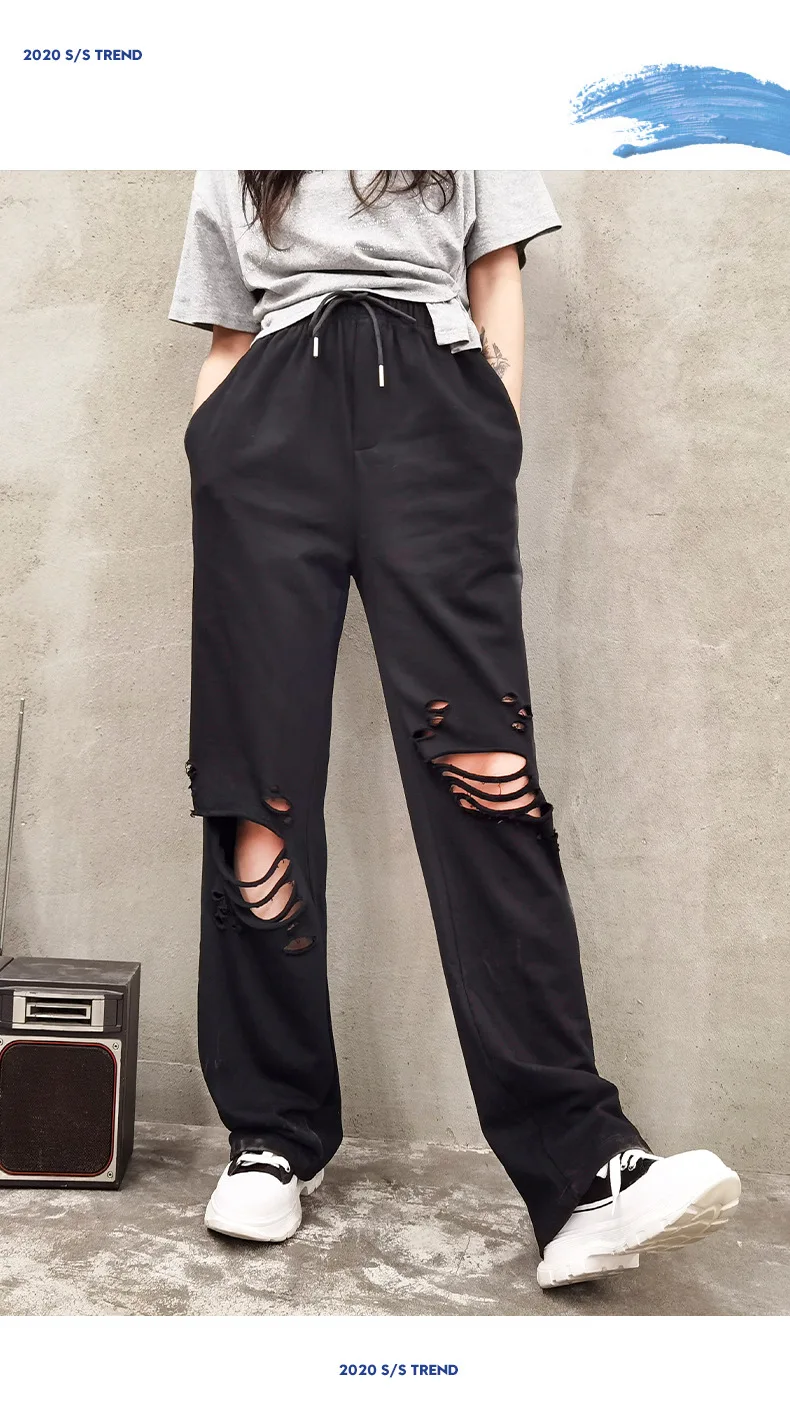 QING MO Black Gray Casual Women Hole Pants 2021 Spring Summer Side Stripe Straight Pants Drawstring Full Length Pants QYF264A
QING MO Black Gray Casual Women Hole Pants 2021 Spring Summer Side Stripe Straight Pants Drawstring Full Length Pants QYF264A