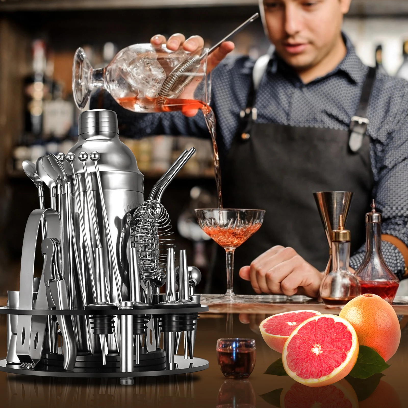31pcs Matte Black Cocktail Shaker Set With Rotating Stand Stainless Steel Bar Tools Set For A Fantastic Mixing Experience
31pcs Matte Black Cocktail Shaker Set With Rotating Stand Stainless Steel Bar Tools Set For A Fantastic Mixing Experience