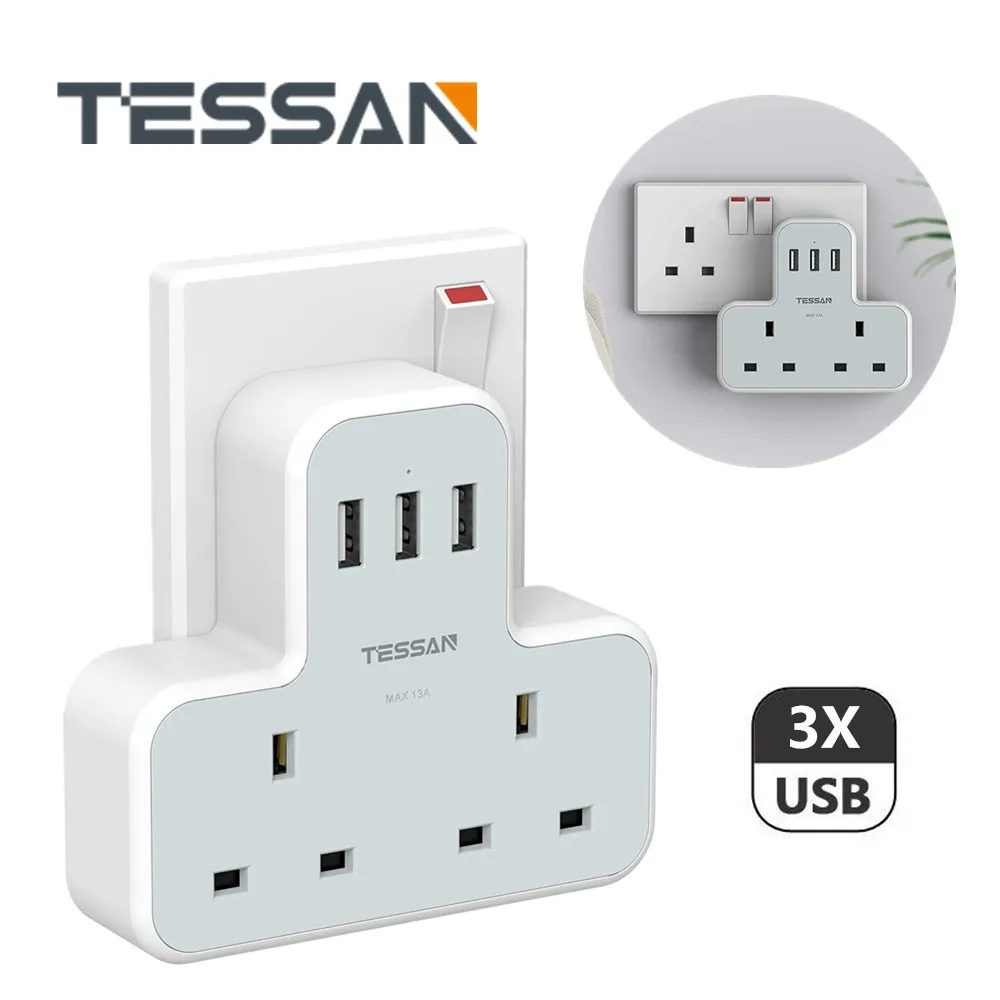 TESSAN USB Socket Extension Plug Power Adapter With 2 Way UK Outlets 3 USB Ports 5 In 1 Wall Charger Adapter Overload Protection
TESSAN USB Socket Extension Plug Power Adapter With 2 Way UK Outlets 3 USB Ports 5 In 1 Wall Charger Adapter Overload Protection