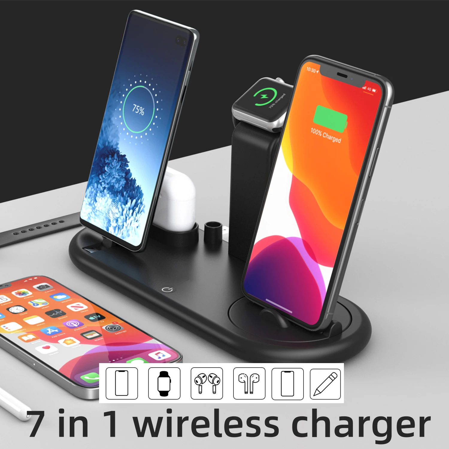 7 in 1 wireless charger fast charge mobile phone charger headset watch charger night light desktop stand charging stand
7 in 1 wireless charger fast charge mobile phone charger headset watch charger night light desktop stand charging stand