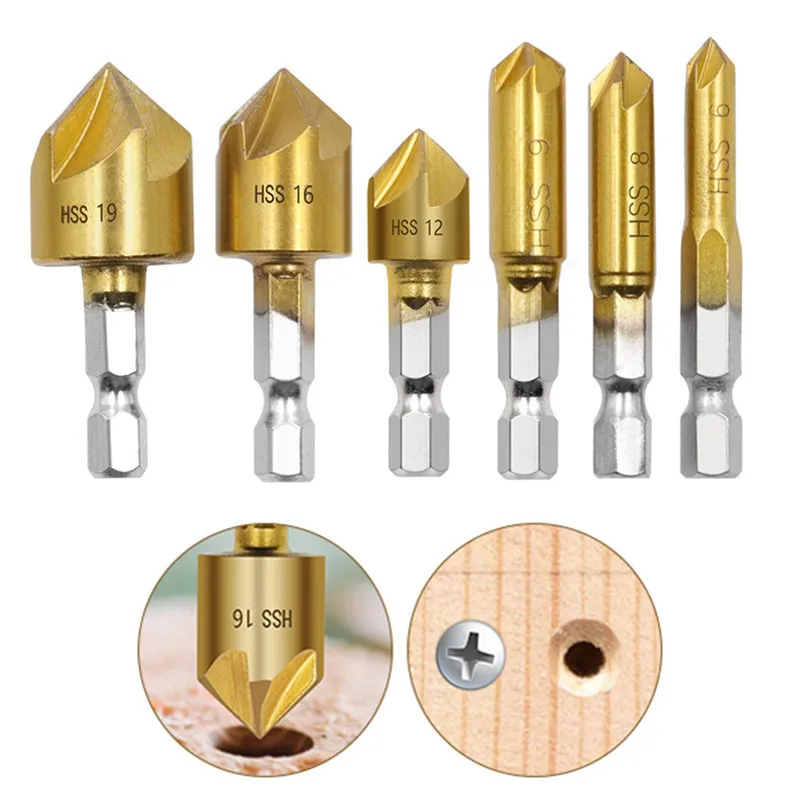 6mm-19mm HSS Woodworking Chamfer Drill Bit Tools Hex Shank Titanium Plating End Mill 5-blade Chamfer Suit
6mm-19mm HSS Woodworking Chamfer Drill Bit Tools Hex Shank Titanium Plating End Mill 5-blade Chamfer Suit