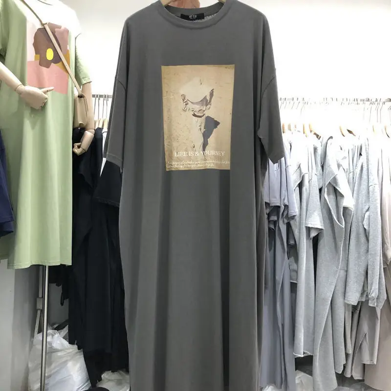 Summer over knee dress loose medium length short sleeve T-shirt skirt