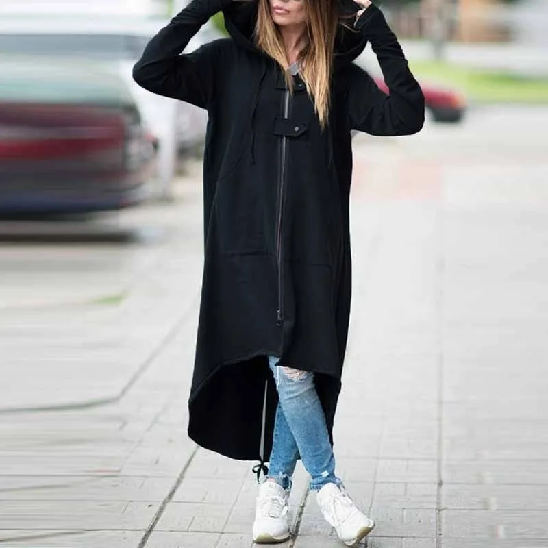 Весна высокого качества длинная стильная женская пальто на молнии с капюшоном