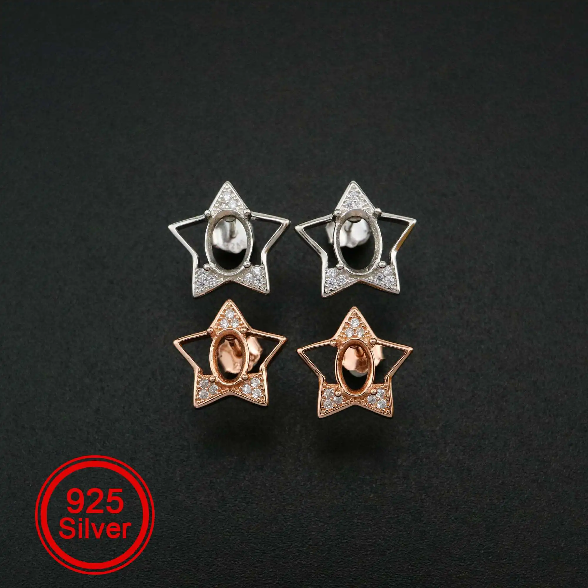 

1Pair Oval Studs Earrings Settings Star Rose Gold Plated Solid 925 Sterling Silver Bezel DIY Supplies for Gemstone Jewelry 17060