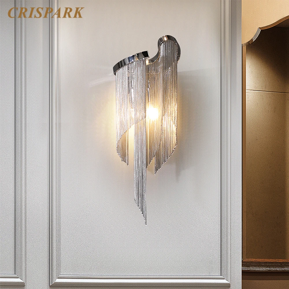 

Современный минималистичный Серебряный настенный светильник с цепочкой, светодиодный светильник Е14 из итальянского алюминия с кисточками...