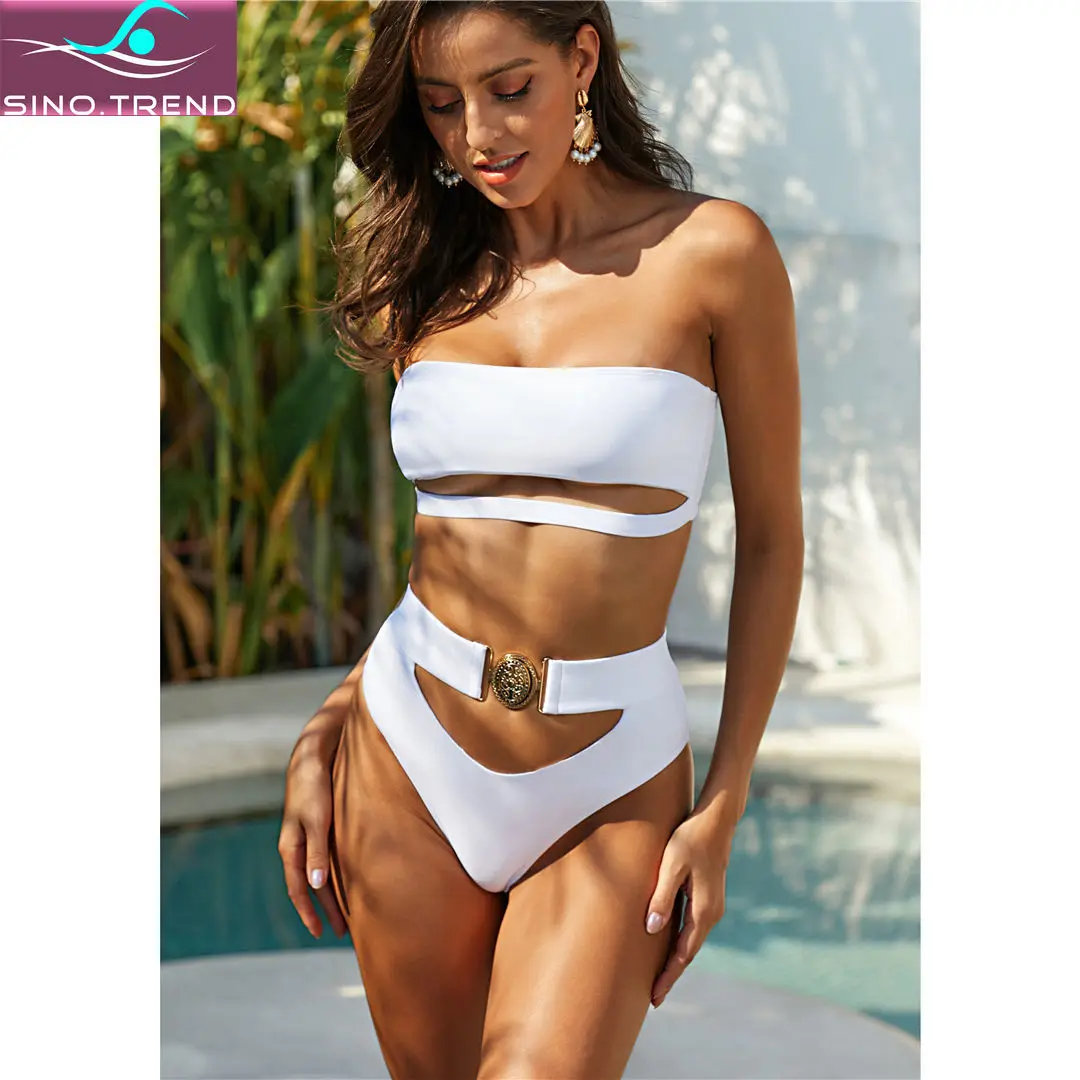 

SINO.TREND NEW Sexy 2021 Bandeau Bikini Set High Waist Swimsuit Women Solid Belted Swimwear Bather Bathing Suit Swim Wear