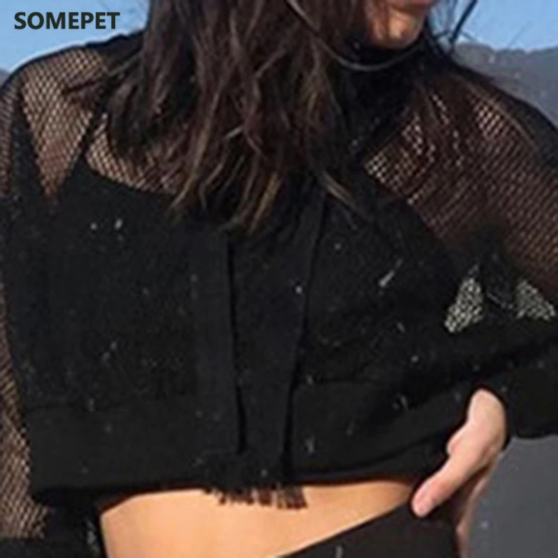 Autumn Long Sleeve Tshirt Women Mesh Top Hooded Hollow Out Transparent Sexy Short Crop Tee Black Fishnet T-shirt
Autumn Long Sleeve Tshirt Women Mesh Top Hooded Hollow Out Transparent Sexy Short Crop Tee Black Fishnet T-shirt