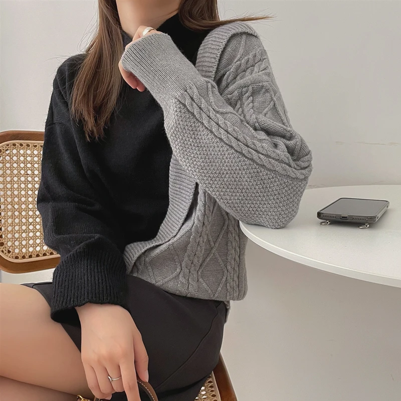 Fashion Splice Sweater Temperament Half High Collar Color Matching Knitwear Women Long Sleeve Pullover Tops
Fashion Splice Sweater Temperament Half High Collar Color Matching Knitwear Women Long Sleeve Pullover Tops