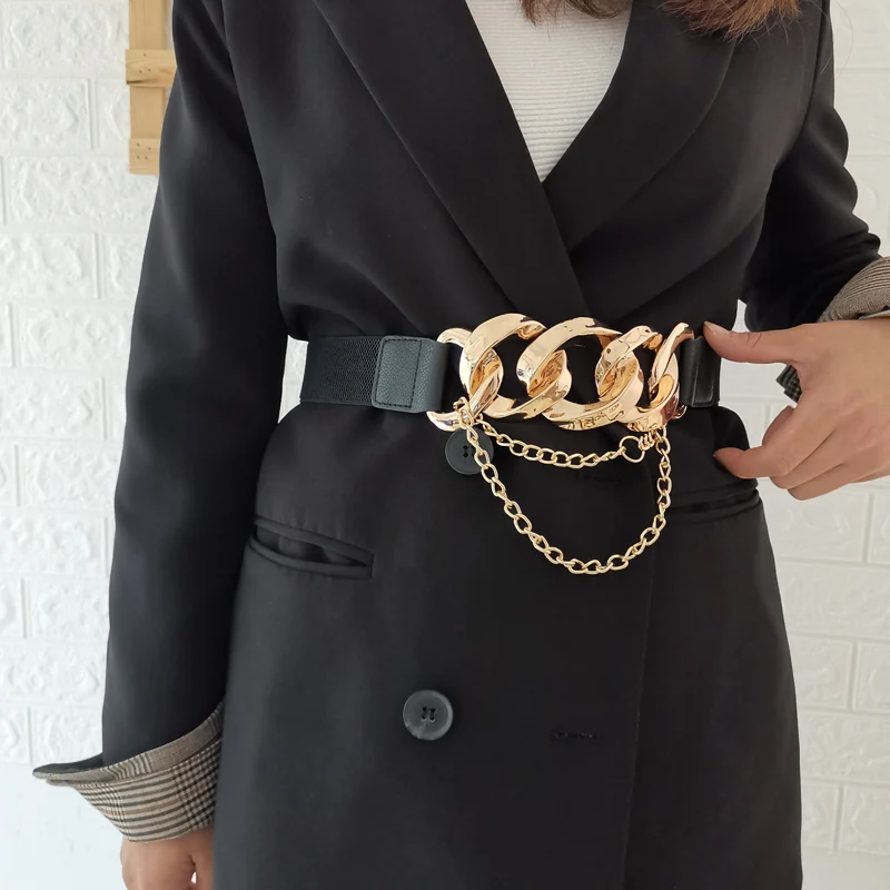 Big Gold Chain Design Waistbands Lady Dress Long Tassel Small Chains Plus Size Cummerbunds Coat Black Elastic Waist Seal Women
Big Gold Chain Design Waistbands Lady Dress Long Tassel Small Chains Plus Size Cummerbunds Coat Black Elastic Waist Seal Women
