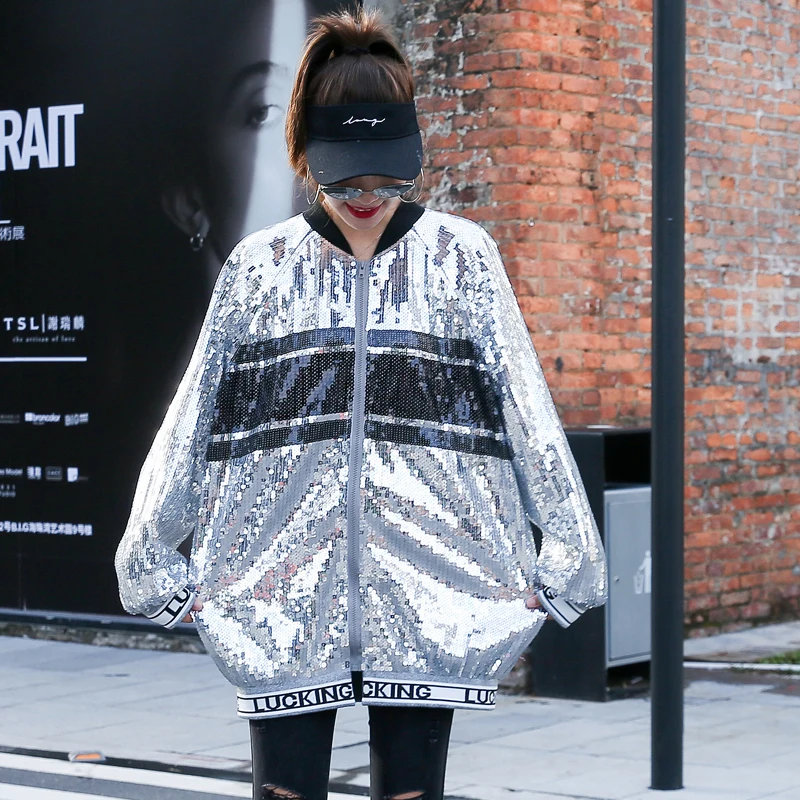 Thailand tide brand jacket female 2019 new Korean version ins personality heavy work letters color matching sequins women | Женская