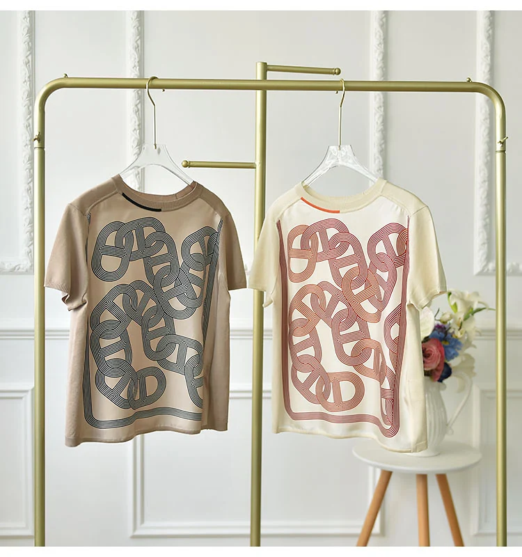 High End Chain Printed Silk Splicing Ice Silk Knitwear Short Sleeve Silk Shirt Top For Women