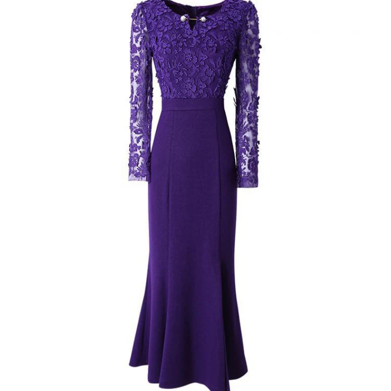 Spring Autumn Runway Fashion Designers Long Sleeve Lace Patchwork Midi Dress Plus Size Purple Elegant Party Vestidos
Spring Autumn Runway Fashion Designers Long Sleeve Lace Patchwork Midi Dress Plus Size Purple Elegant Party Vestidos
