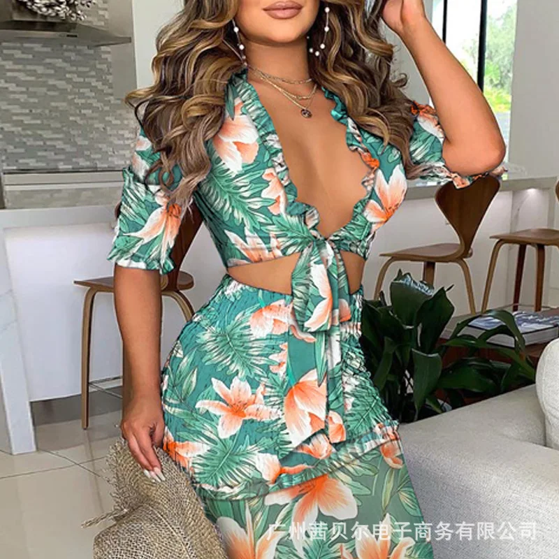 WEPBEL Women Elegant Two Piece Set Short Sleeve Floral Print Open Front Bow Tie Crop Top + High Waist Ruffles Long Skirt
WEPBEL Women Elegant Two Piece Set Short Sleeve Floral Print Open Front Bow Tie Crop Top + High Waist Ruffles Long Skirt