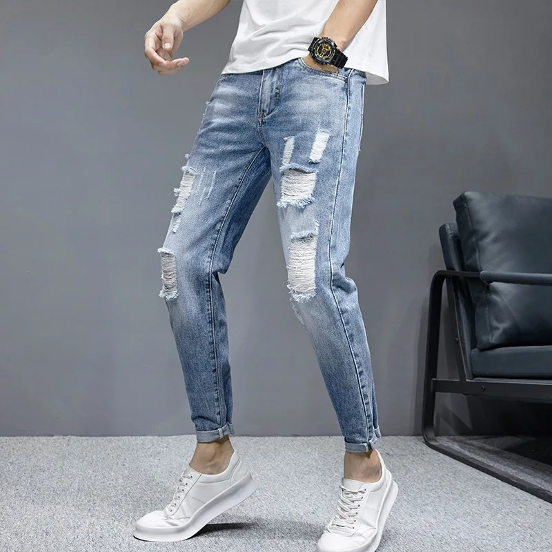 New Men's Jeans Ripped Nine-point Jeans Slim-fit Washed Light-colored Beggar's Feet Pants Streetwear Men's Pants Мужские джинсы
New Men's Jeans Ripped Nine-point Jeans Slim-fit Washed Light-colored Beggar's Feet Pants Streetwear Men's Pants Мужские джинсы