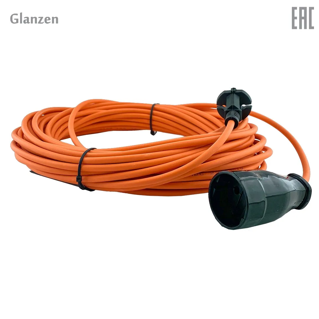 Удлинитель силовой шнур GLANZEN штепс. гнездо ПВС 2х1 20м ES 20 002 1300Вт|Сетевые шнуры и