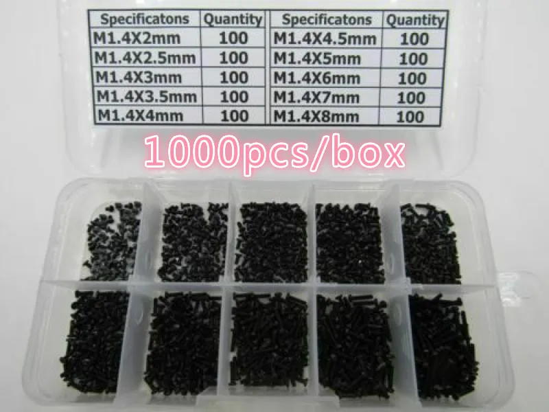 1000 pcs M1.4x2/2.5/3/3.5/4/4.5/5/6/7/8mm Phillips cross head black pan Machine screws Assortment Kit
1000 pcs M1.4x2/2.5/3/3.5/4/4.5/5/6/7/8mm Phillips cross head black pan Machine screws Assortment Kit
