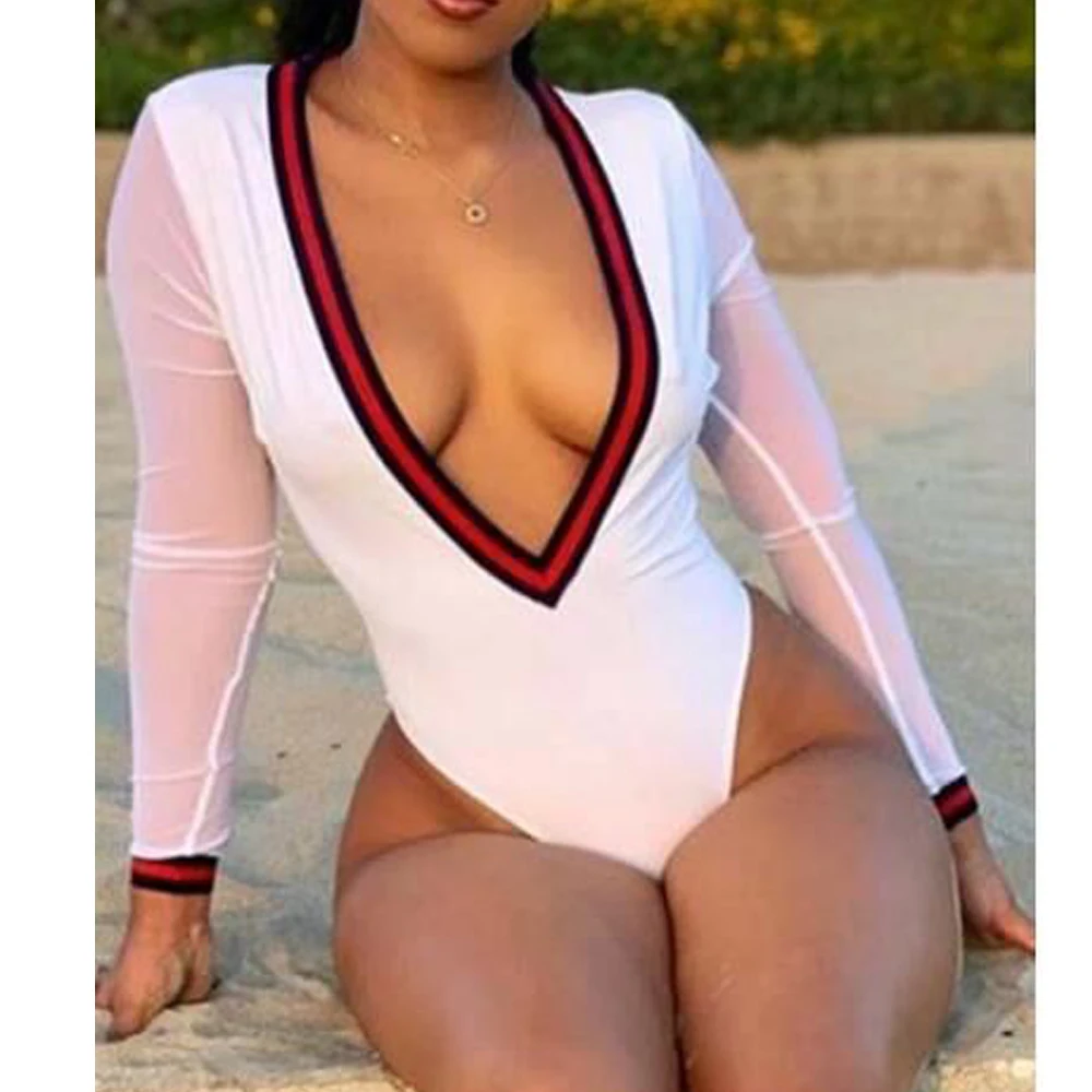 2020 Sexy Mesh Swimsuit Women Swimwear One Piece Bodysuit Deep V Neck Monokini Thong Bathing Suits Swim Suit Brazilian Female | Спорт и