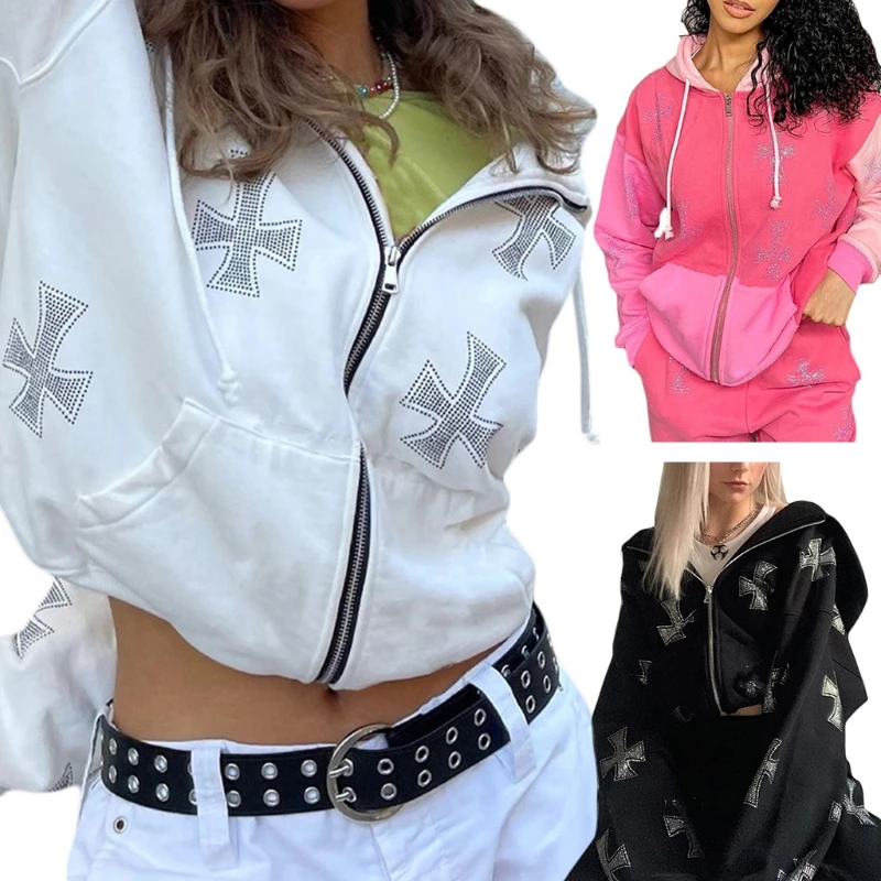 

M89E Women Zip Up Hoodie Jacket Harajuku Goth Punk Cross Rhinestone Hip Hop Sweatshirt Coat Long Sleeve Oversized Outwear