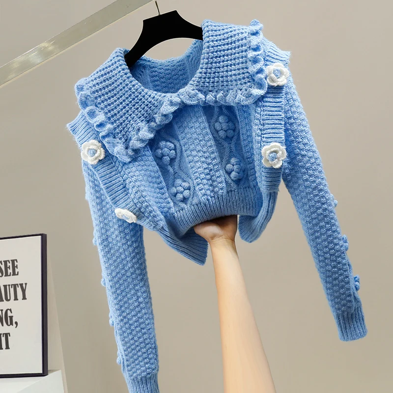Fashion Tie Flower Decoration Sweet Large Lapel Sweater Loose All-Matching Waist Trimming Short Blue Sweater for Women Knitwear
Fashion Tie Flower Decoration Sweet Large Lapel Sweater Loose All-Matching Waist Trimming Short Blue Sweater for Women Knitwear