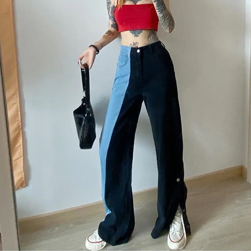 Fashion Side Covered Button Slit Wide Leg Denim Pants Women Loose Casual Streetwear Color Block Patchwork Vogue Trousers Female
Fashion Side Covered Button Slit Wide Leg Denim Pants Women Loose Casual Streetwear Color Block Patchwork Vogue Trousers Female