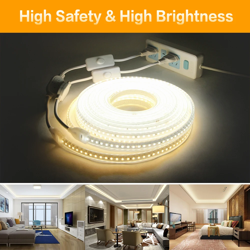 220V LED Strip Light 2835 Waterproof led strip High Brightness 120LEDs/m Flexible LED Light Kitchen Outdoor Garden With Switch
220V LED Strip Light 2835 Waterproof led strip High Brightness 120LEDs/m Flexible LED Light Kitchen Outdoor Garden With Switch