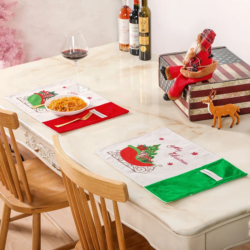 

Christmas Placemat Set Red Plaid Pattern kitchen Placemats Santa Claus Snowflake Tablecloth Decorative Linen Table Mat