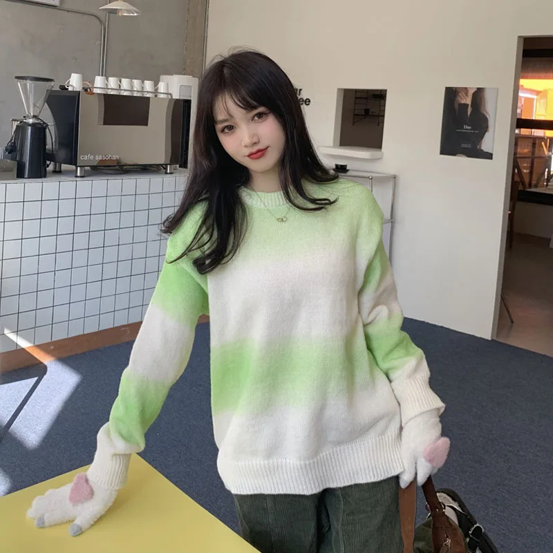 Autumn and winter new women's lazy tie-dye knitted tops gradient smudge green color striped mohair sweater
Autumn and winter new women's lazy tie-dye knitted tops gradient smudge green color striped mohair sweater