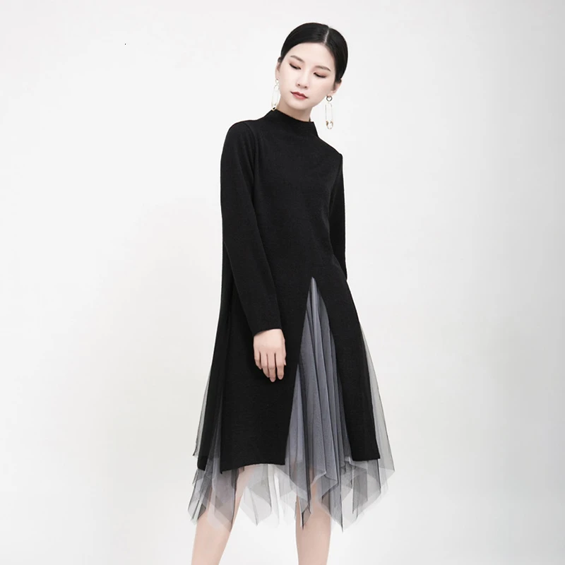 CHICEVER Irregular Patchwork Two Piece Set Women Turtleneck Knitted Split Sweater Mesh Asymmetrical Skirt Female Suits 2020 New | Женская