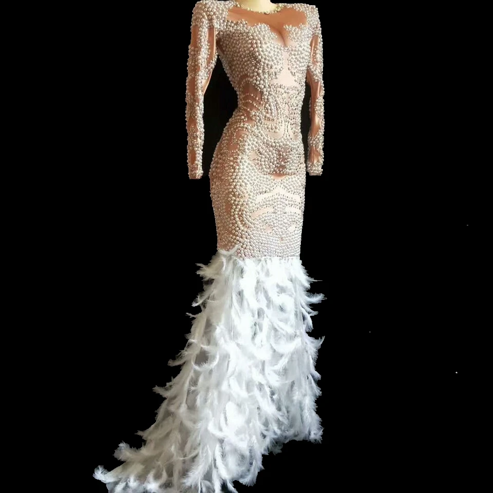 Luxury Pearl Rhinestone White Feather Trumpet Dress Women Birthday Party Celebrate Outfit Female Singer Costume Stage Show Dress
Luxury Pearl Rhinestone White Feather Trumpet Dress Women Birthday Party Celebrate Outfit Female Singer Costume Stage Show Dress
