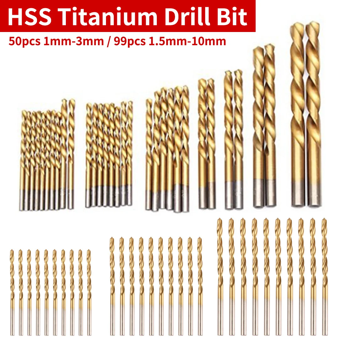 1.5mm-10mm /1mm-3mm Titanium HSS Drill Bits Coated Stainless Steel HSS High Speed Drill Bit Set For Electrical Drill 99pcs/50pcs
1.5mm-10mm /1mm-3mm Titanium HSS Drill Bits Coated Stainless Steel HSS High Speed Drill Bit Set For Electrical Drill 99pcs/50pcs