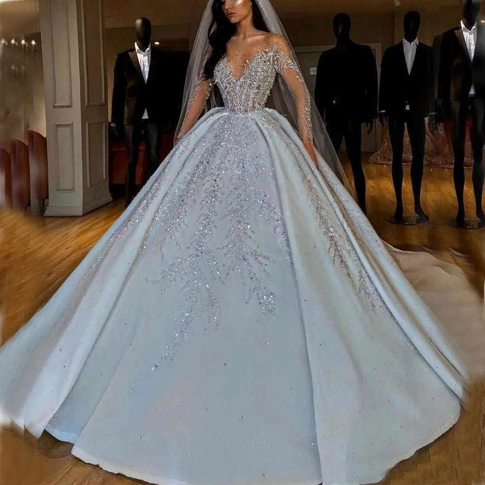 Sequins Applique Beading Crystal Wedding Evening Ball Gown Full Sleeves Scoop Neck SweepTrain Bridal Gown Customize vestidos de
Sequins Applique Beading Crystal Wedding Evening Ball Gown Full Sleeves Scoop Neck SweepTrain Bridal Gown Customize vestidos de