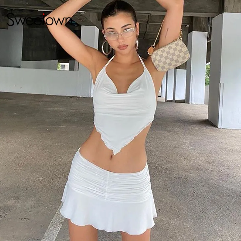 Sweetown Backless Sexy White Crop Top Female 90s Sweety Girls' Y2K Streetwear Sleeveless V Neck Ruched Tops Summer Beachwear
Sweetown Backless Sexy White Crop Top Female 90s Sweety Girls' Y2K Streetwear Sleeveless V Neck Ruched Tops Summer Beachwear