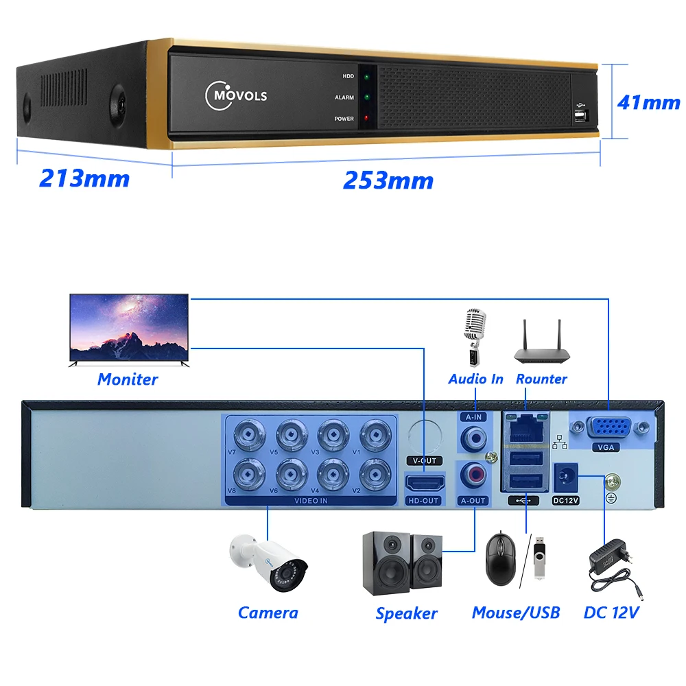 MOVOLS CCTV 1080P 6pcs Video Surveillance System Camera 8CH 2000TVL Outdoor Home Security system H.264 1080N DVR Kit | Безопасность и