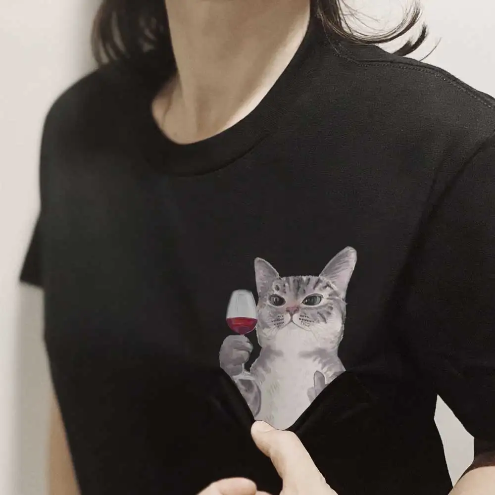 Футболка CLOOCL модная летняя футболка с карманом в виде кота и вина мужские женские